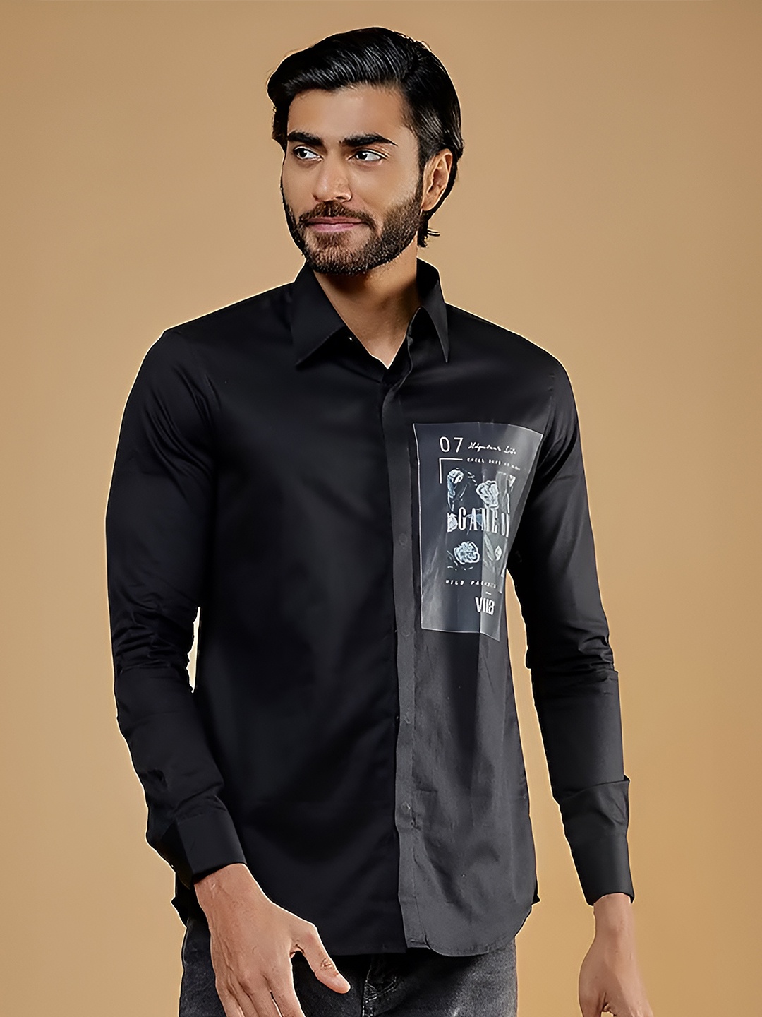 

HE SPOKE Modern Tailored Fit Graphic Printed Twill Weave Pure Cotton Casual Shirt, Black