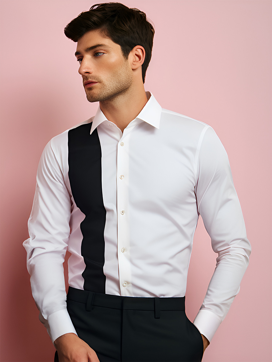 

HE SPOKE Spread Collar Modern Colorblocked Twill Tailored Fit Cotton Shirt, White