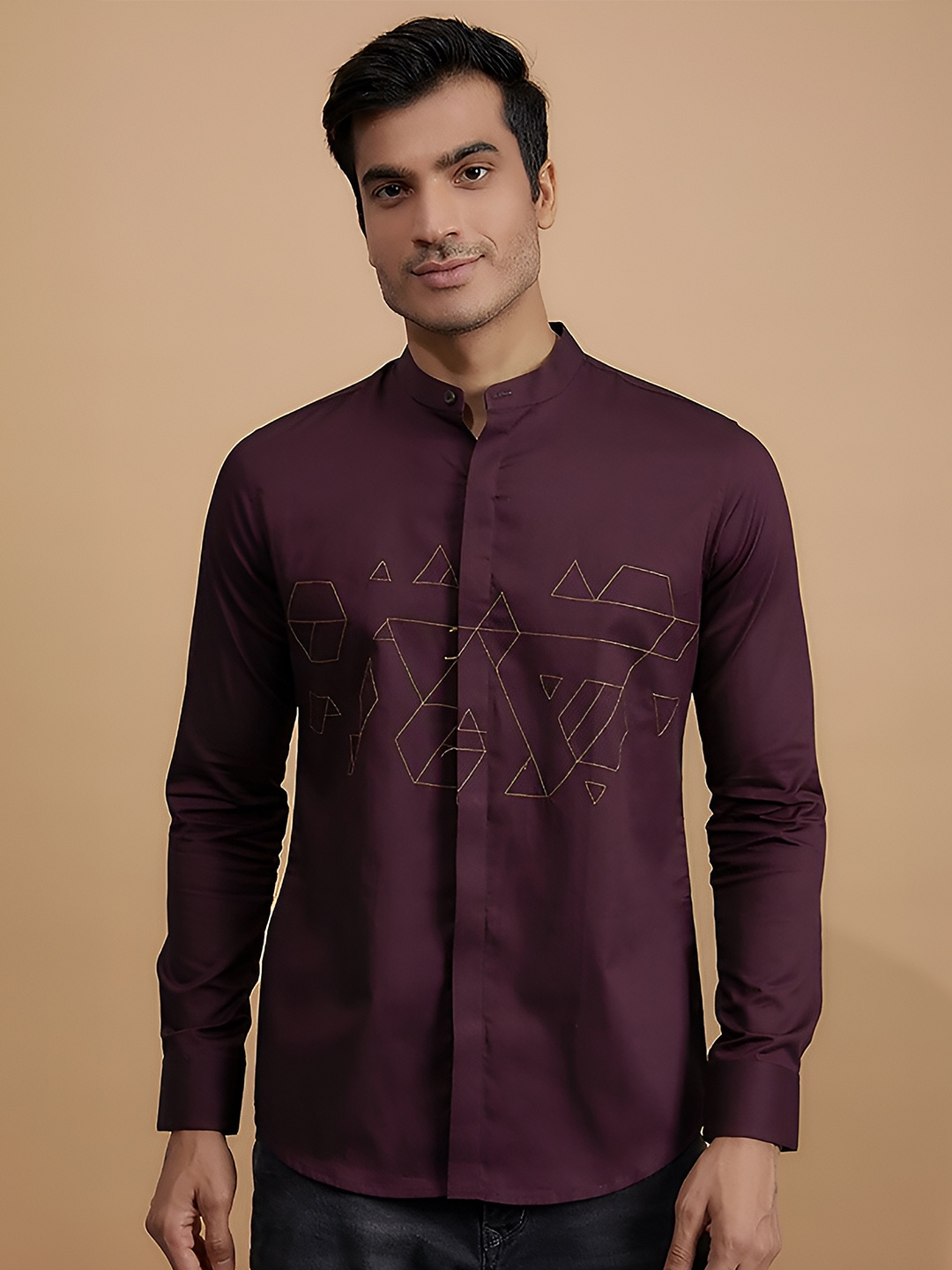 

HE SPOKE Geometric Printed Modern Tailored Fit Twill Cotton Casual Shirt, Burgundy