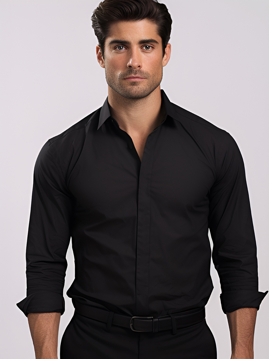 HE SPOKE Spread Collar Modern Tailored Fit Formal Pure Cotton Shirt, Black
