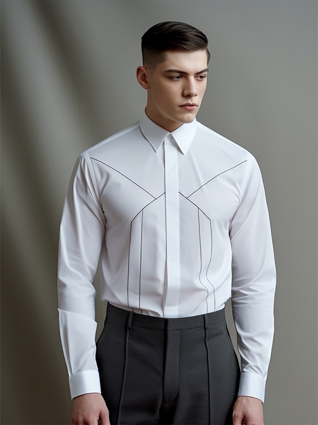 

HE SPOKE Modern Tailored Fit Striped Pure Cotton Semiformal Shirt, White