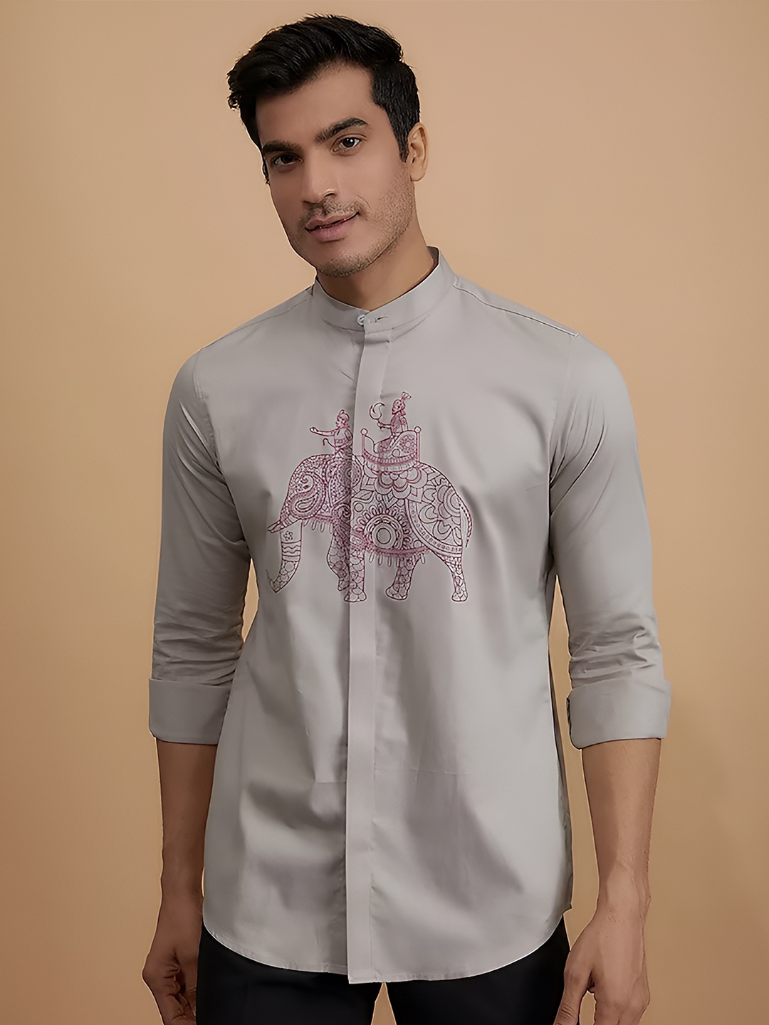 

HE SPOKE Tailored Fit Ethnic Motifs Printed Band Collar Casual Shirt, Grey