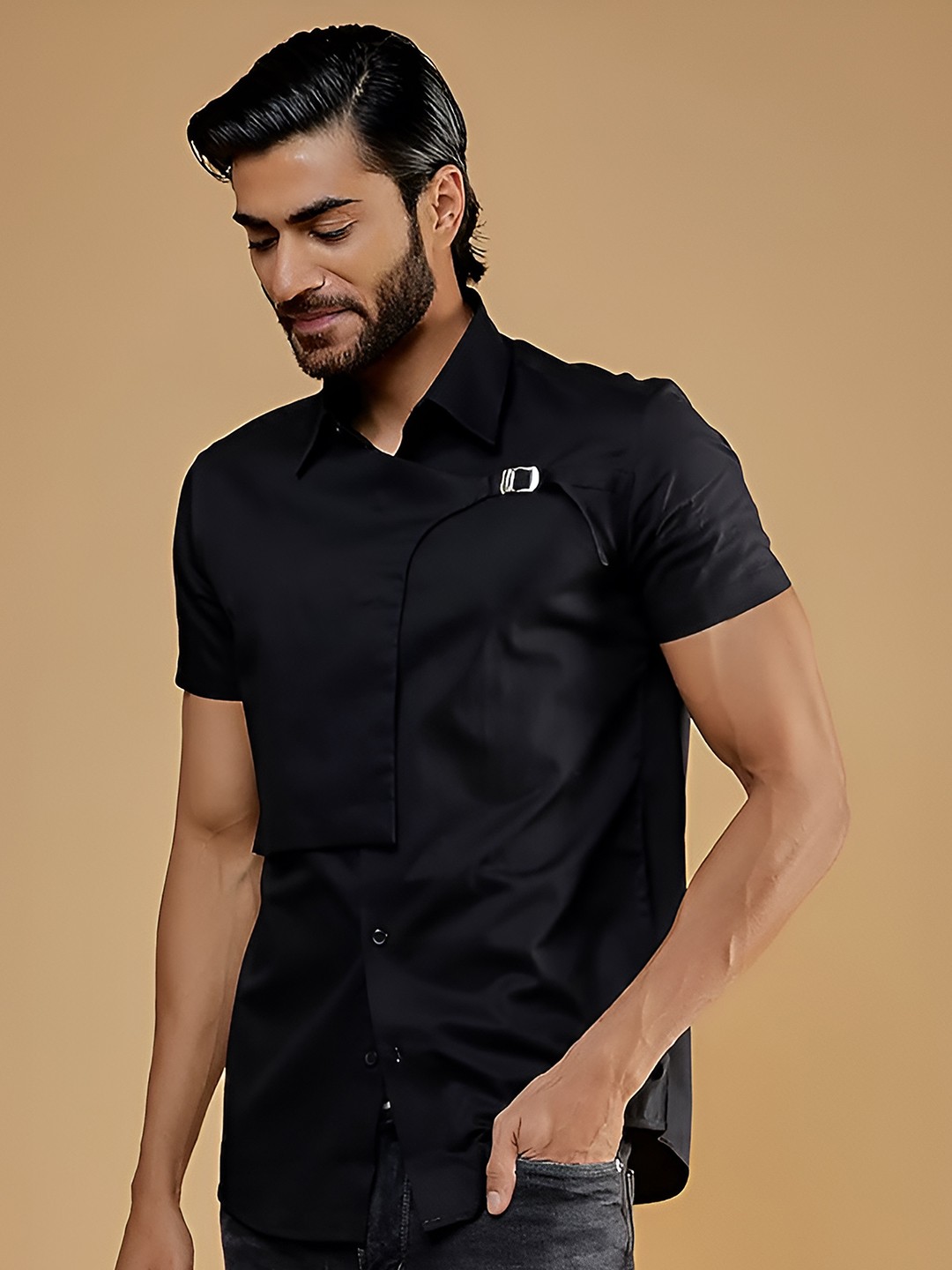 

HE SPOKE Modern Tailored Fit Opaque Pure Cotton Casual Shirt, Black