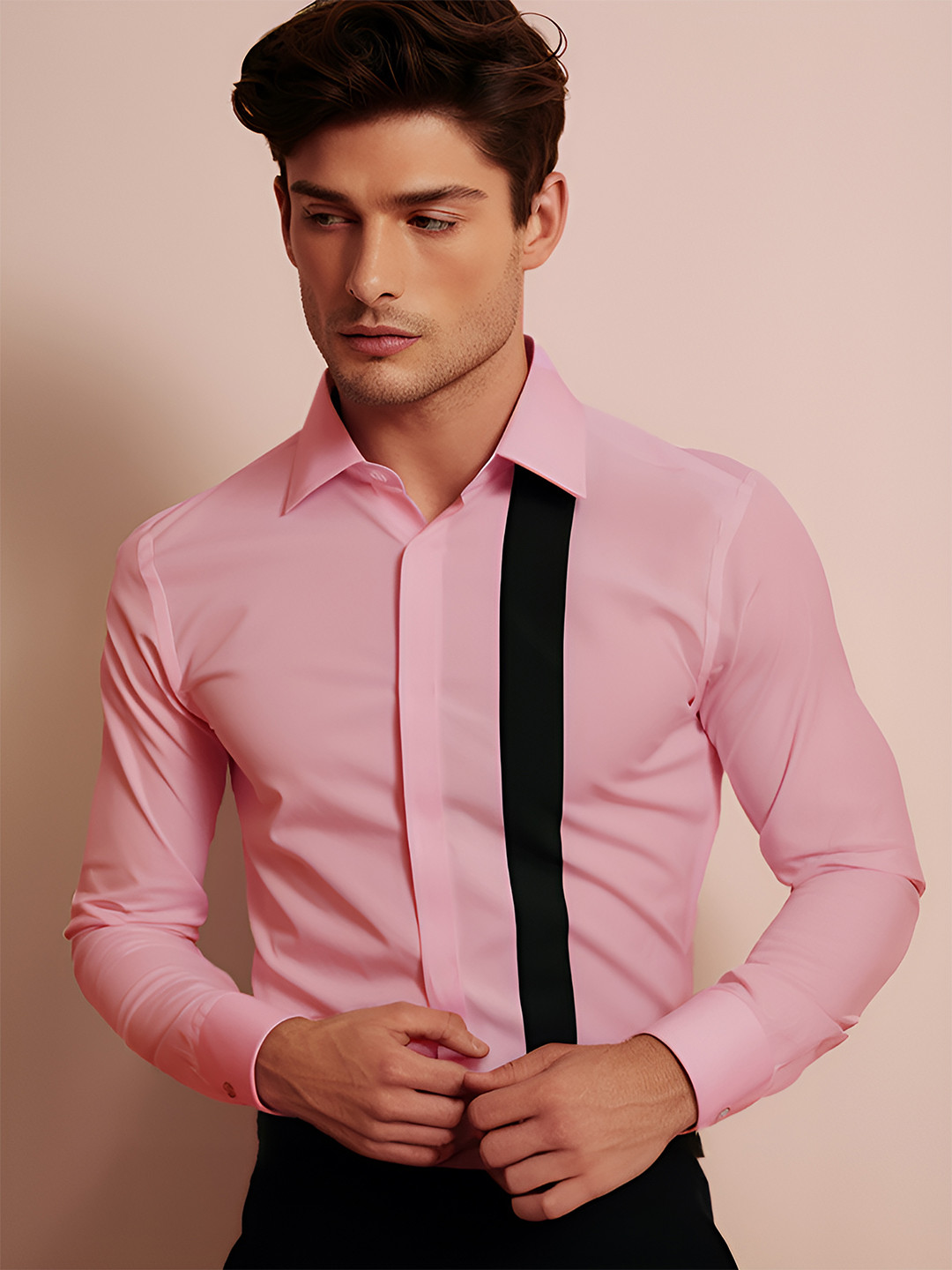 

HE SPOKE Geometric Printed Modern Tailored Fit Twill Pure Cotton Formal Shirt, Pink