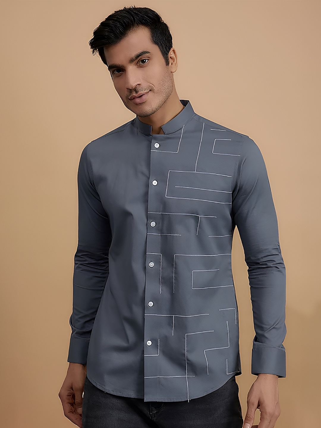 

HE SPOKE Modern Tailored Fit Embroidered Pure Cotton Shirt, Grey