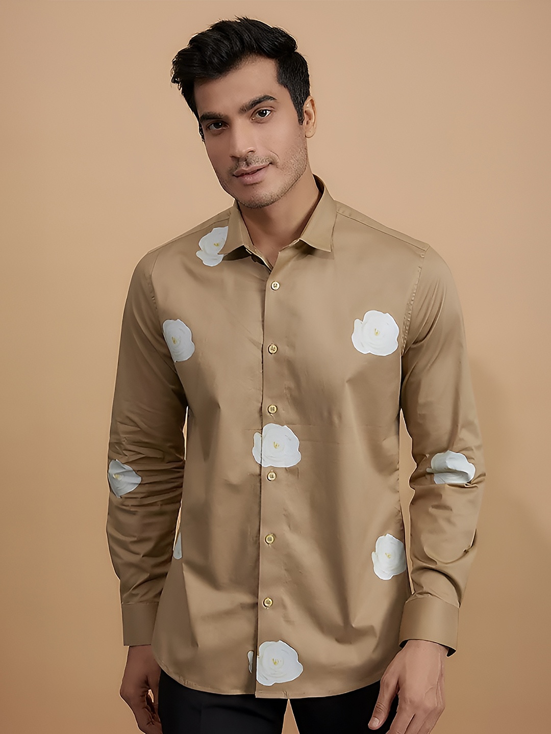 

HE SPOKE Modern Tailored Fit Floral Printed Pure Cotton Casual Shirt, Khaki