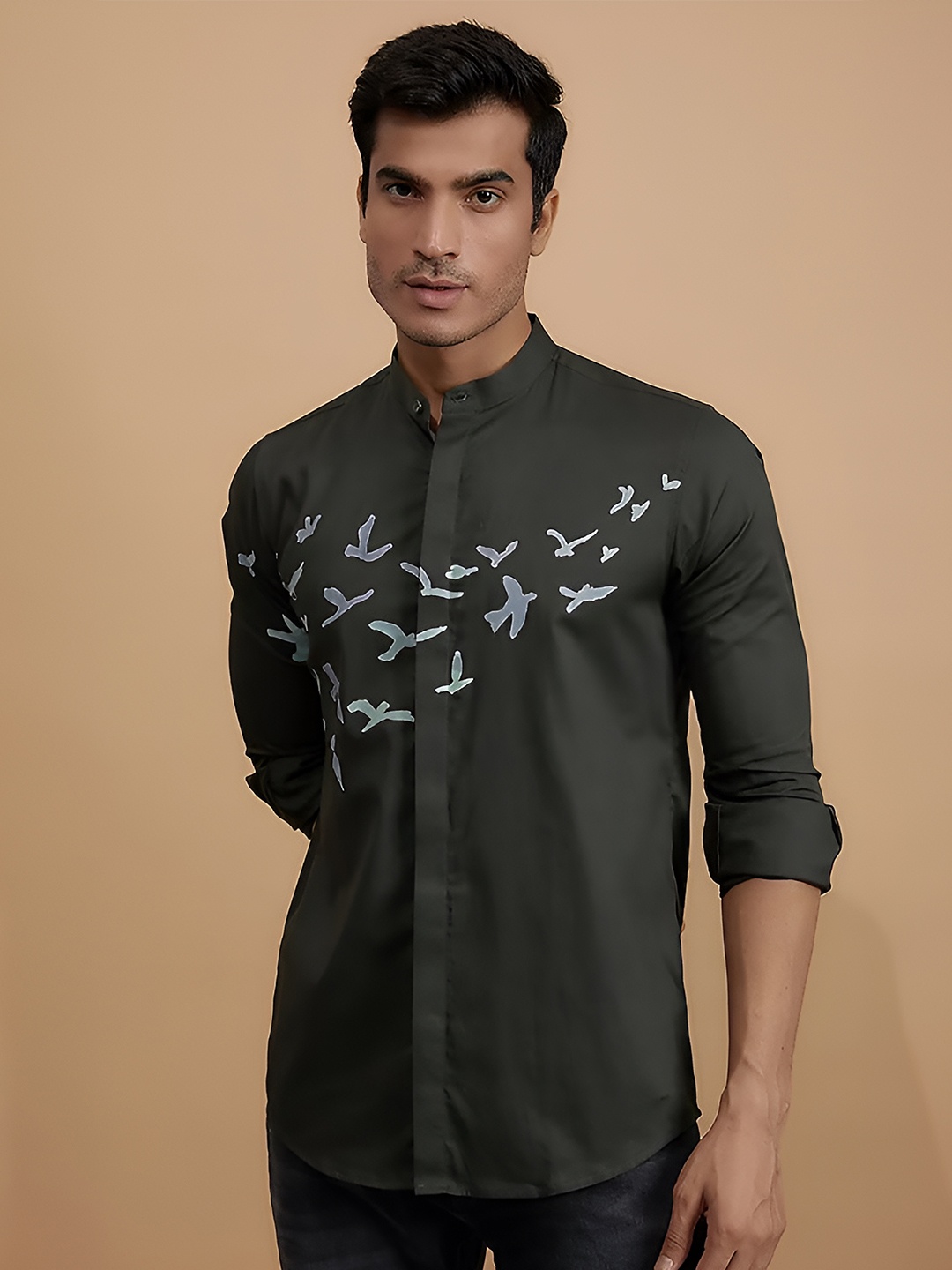 

HE SPOKE Modern Tailored Fit Opaque Conversational Printed Pure Cotton Casual Shirt, Green