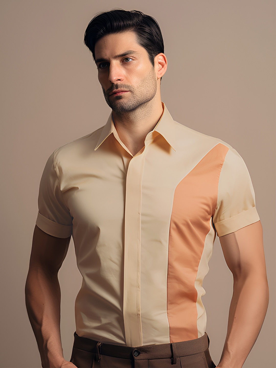 

HE SPOKE Modern Tailored Fit Colourblocked Twill Weave Pure Cotton Formal Shirt, Cream