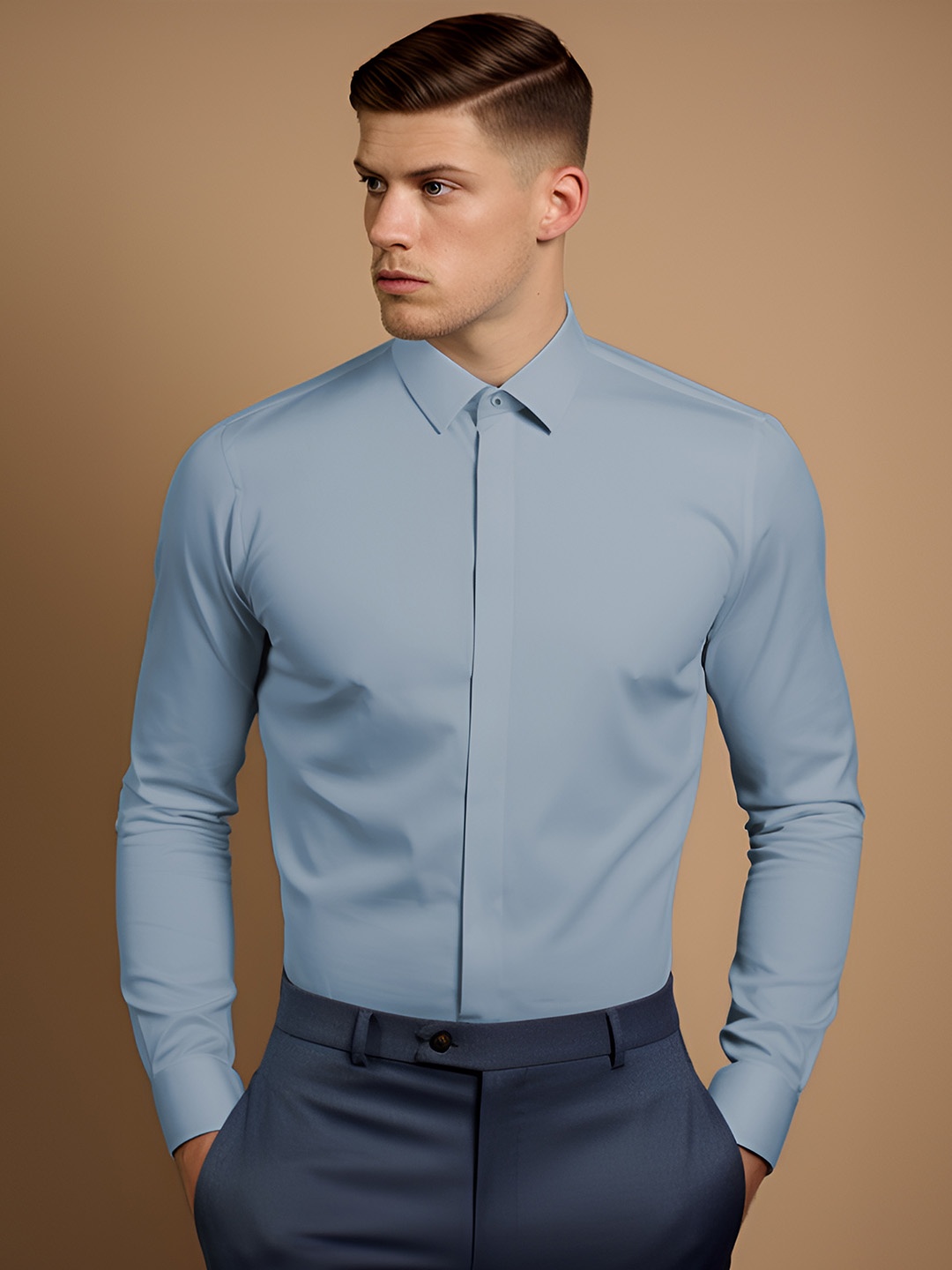 

HE SPOKE Modern Tailored Fit Twill Pure Cotton Formal Shirt, Blue