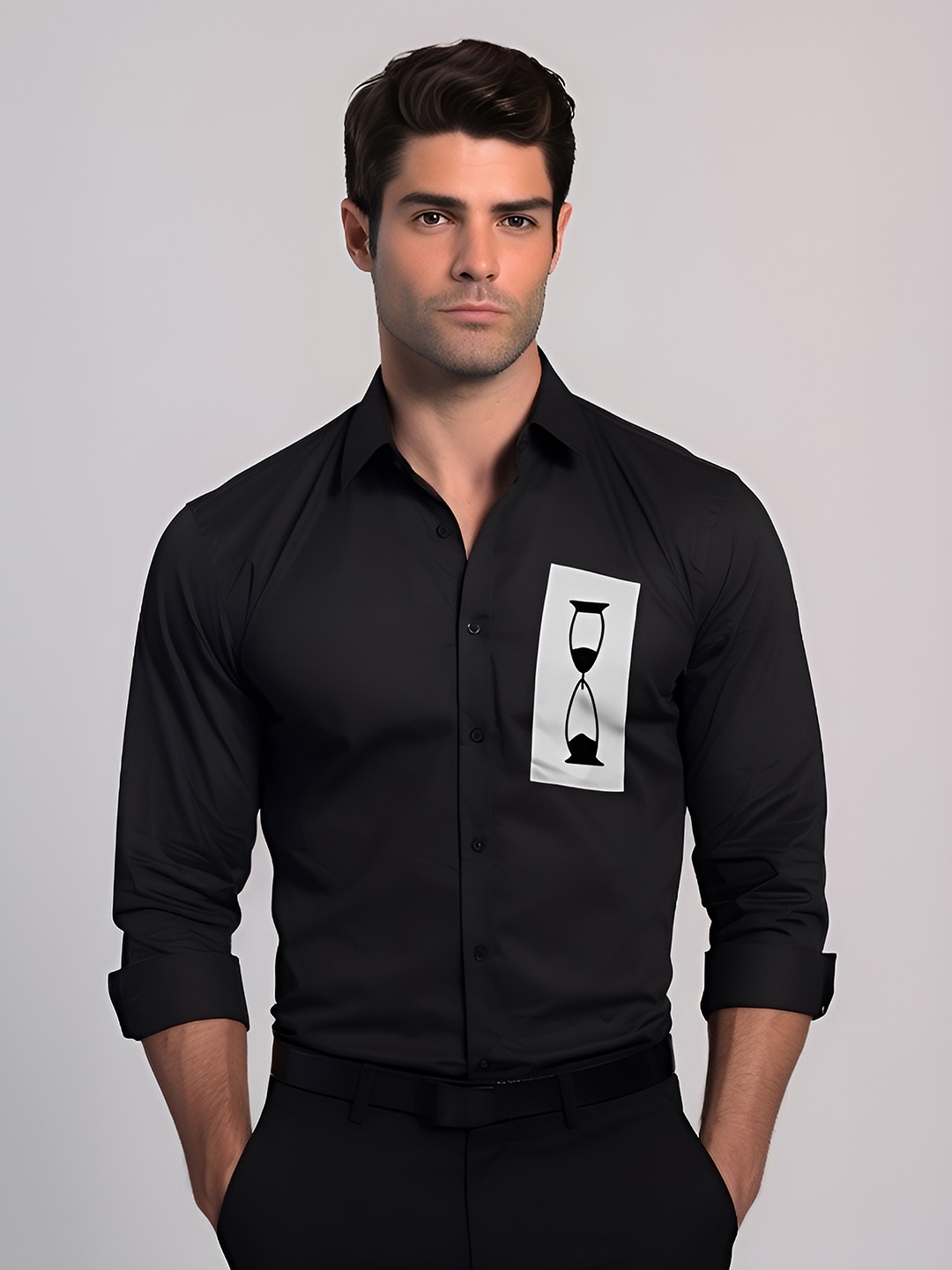 

HE SPOKE Modern Tailored Fit Graphic Printed Pure Cotton Casual Shirt, Black