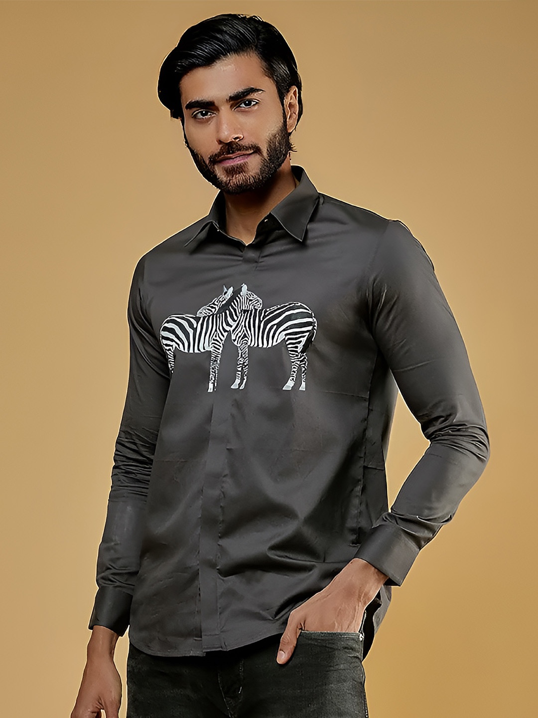 

HE SPOKE Printed Modern Tailored Fit Cotton Casual Shirt, Grey