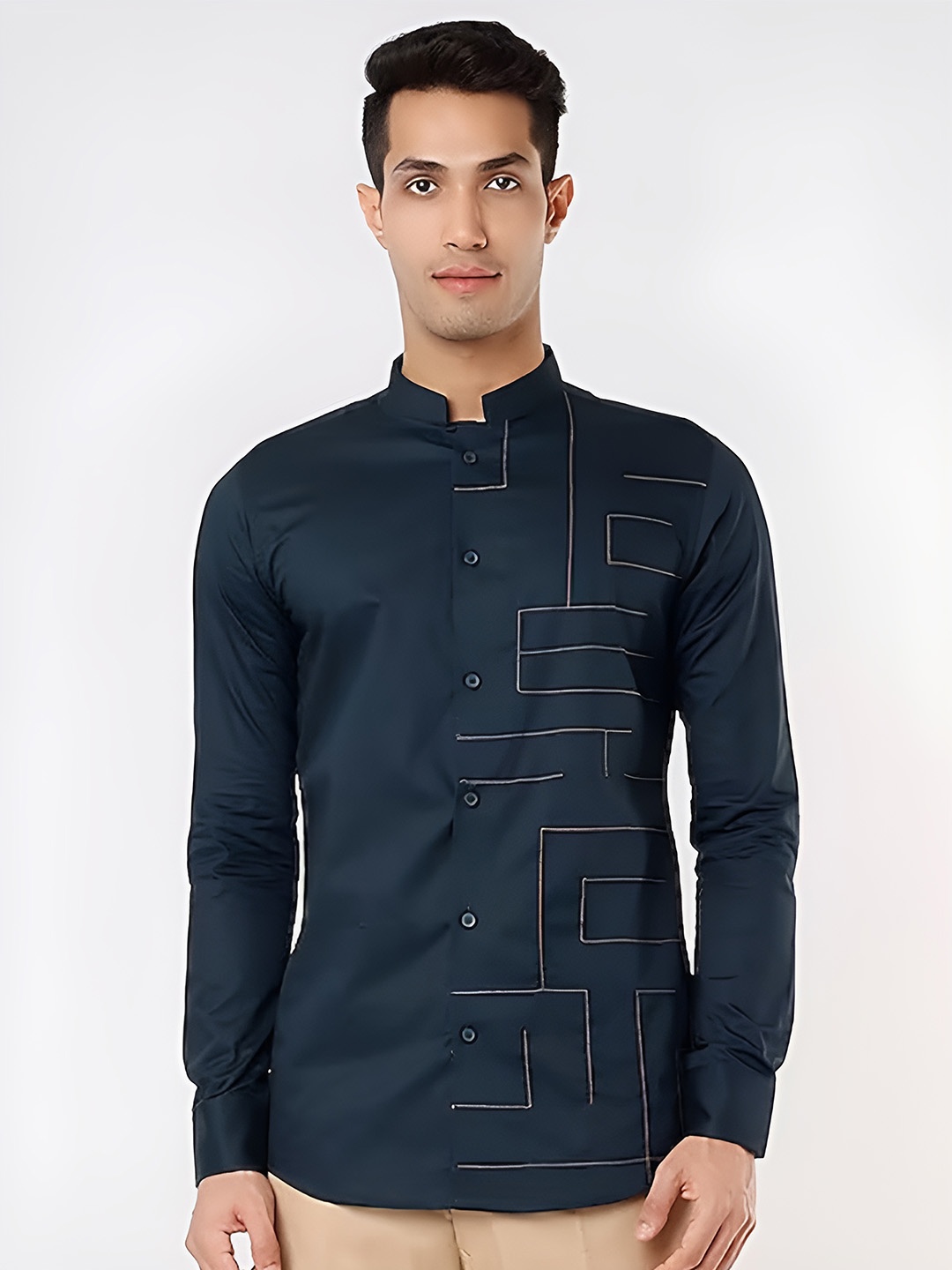 HE SPOKE Modern Tailored Fit Opaque Geometric Printed Pure Cotton Shirt, Navy blue