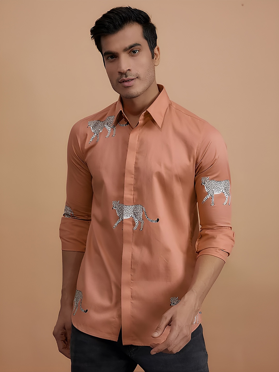 

HE SPOKE Modern Tailored Fit Opaque Conversational Printed Pure Cotton Twill Casual Shirt, Orange