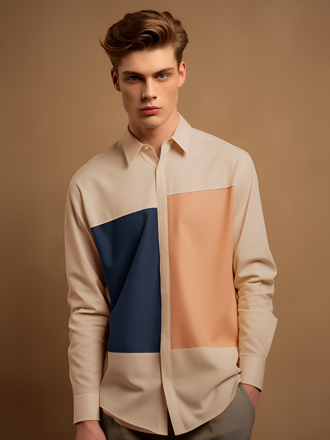 

HE SPOKE Modern Tailored Fit Colourblocked Spread Collar Twill Cotton Casual Shirt, Cream