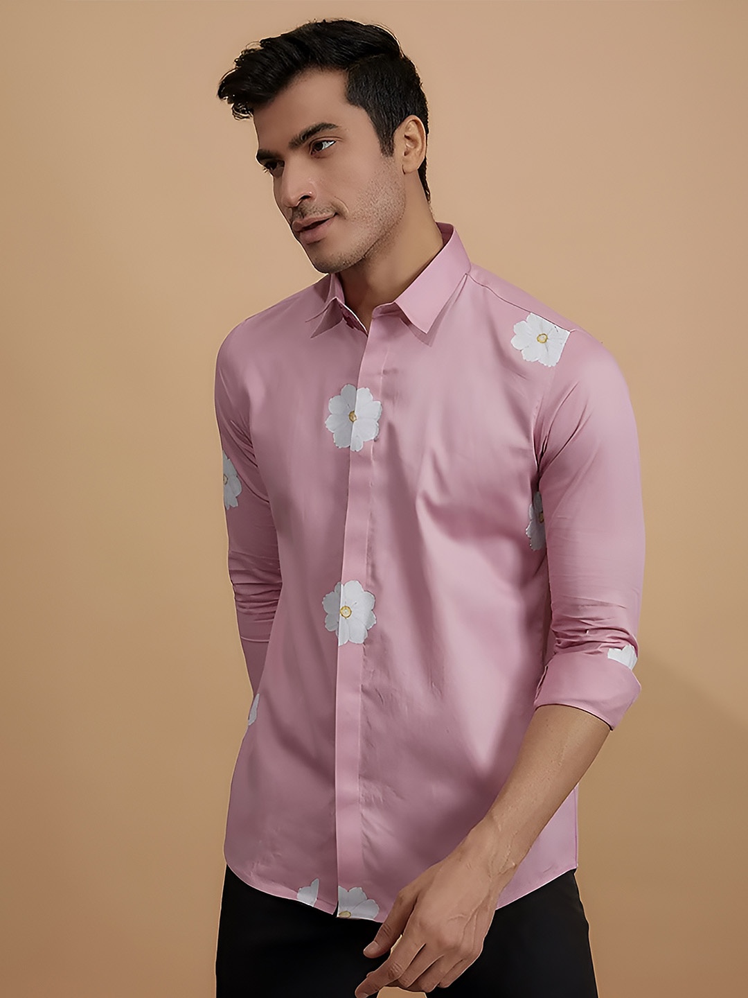 

HE SPOKE Modern Tailored Fit Floral Printed Spread Collar Cotton Casual Shirt, Pink