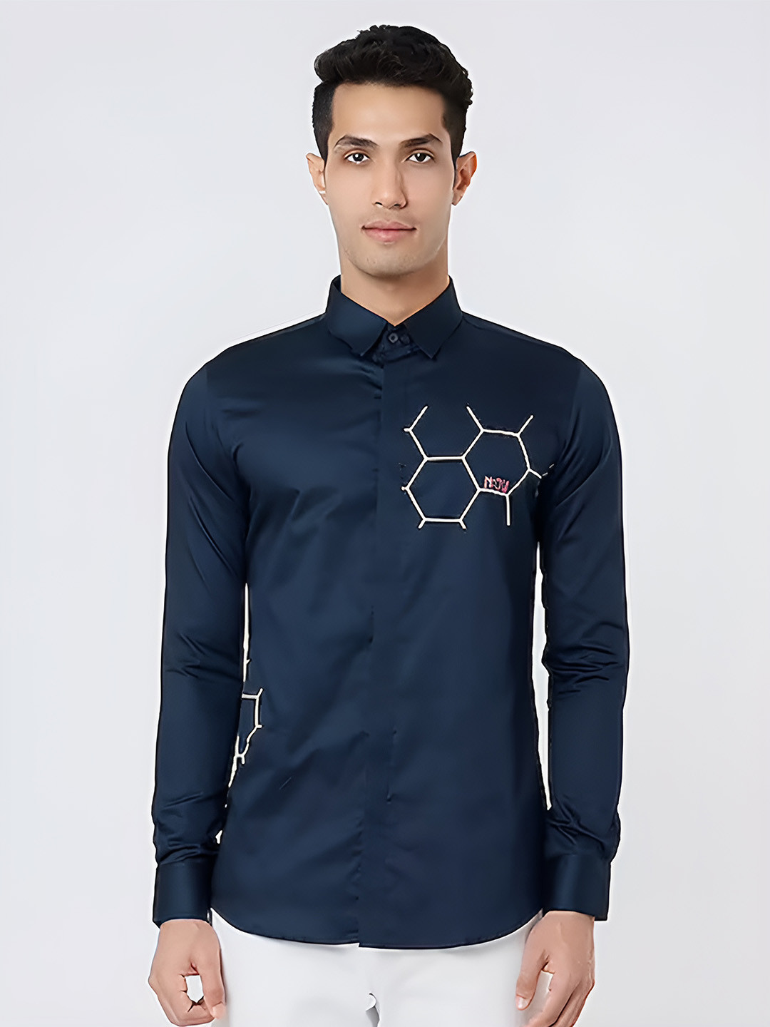 

HE SPOKE Modern Tailored Fit Geometric Printed Spread Collar Cotton Casual Shirt, Navy blue