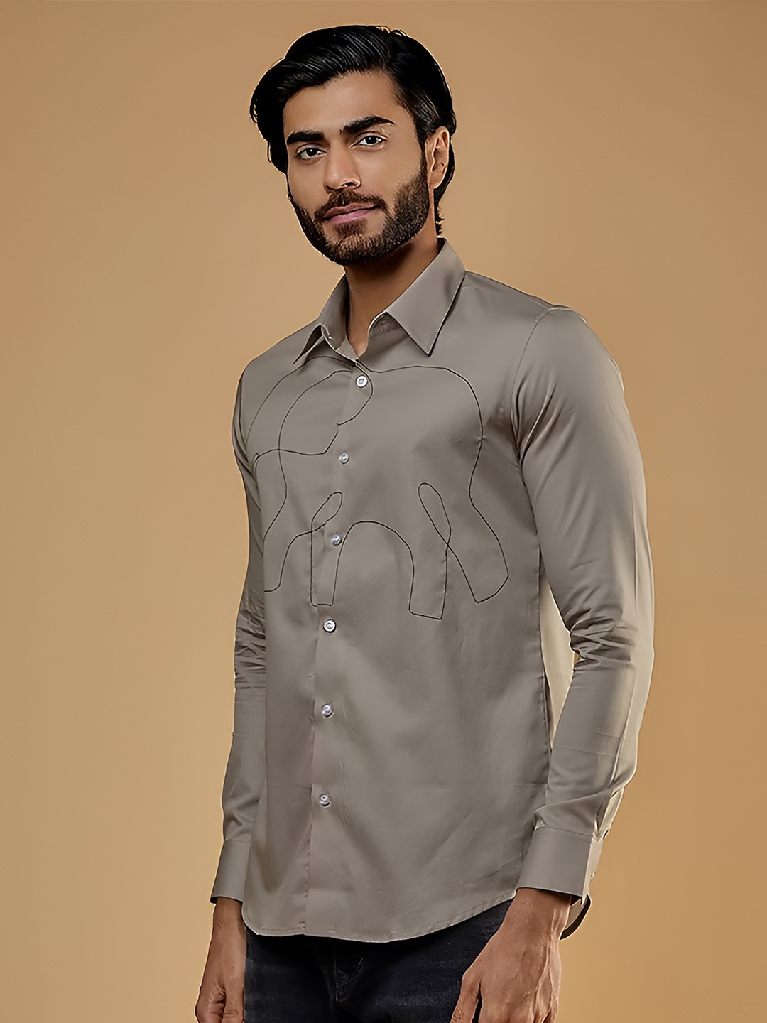 

HE SPOKE Modern Tailored Fit Spread Collar Twill Embroidered Cotton Casual Shirt, Grey