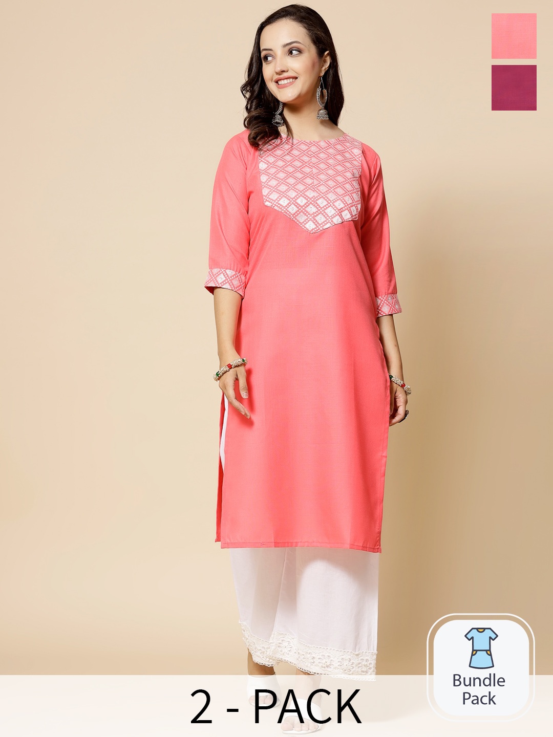 

KALINI Selection Of 2 Design Yoke Design Thread Work Straight Kurta, Pink