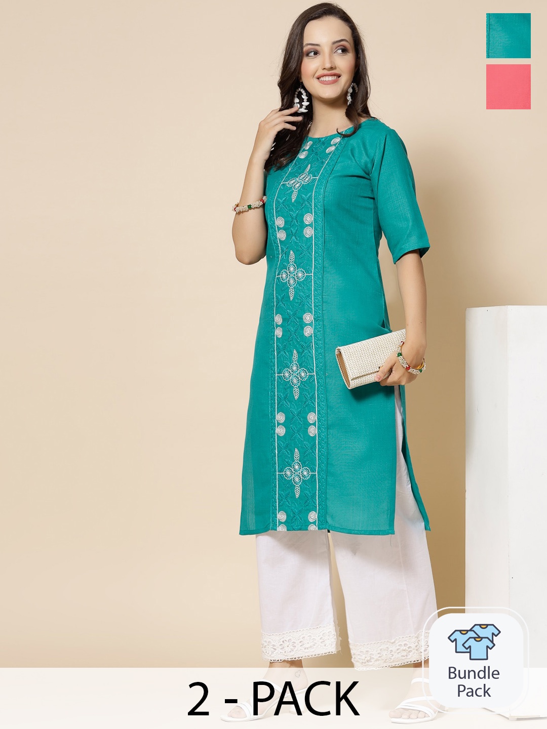 

KALINI Selection Of 2 Ethnic Motif Embroidered Straight Kurta, Green