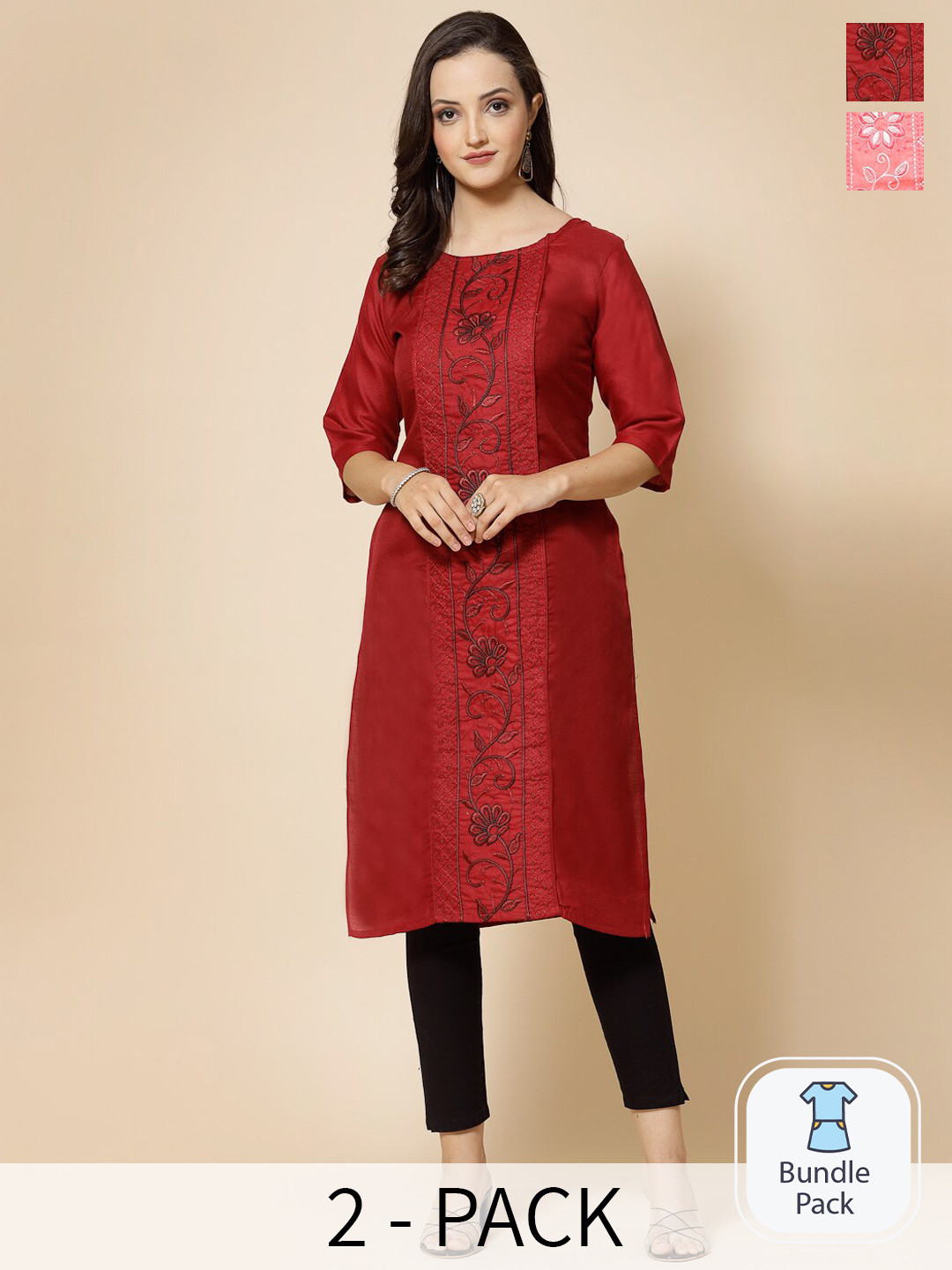 

KALINI Selection Of 2 Ethnic Motifs Embroidered Straight Kurta, Red