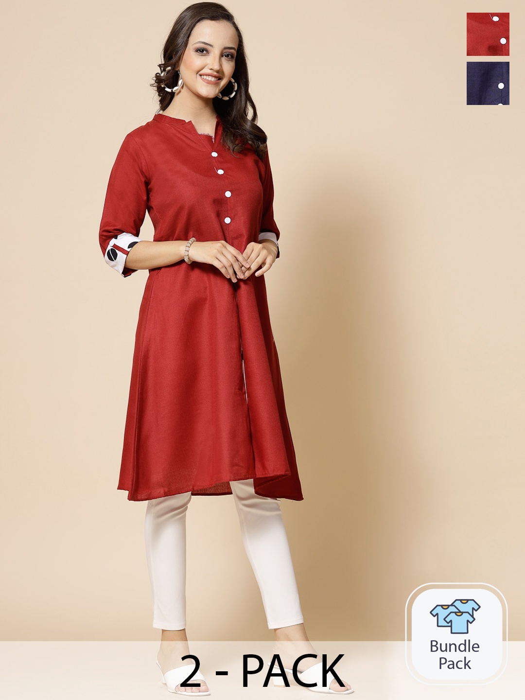 

KALINI Pack Of 2 Mandarin Collar Roll-Up Sleeves Cotton A-Line Kurta, Red