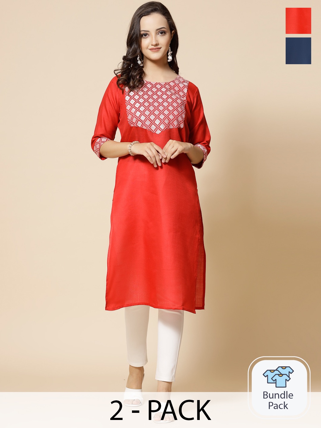 

KALINI Selection Of 2 Geometric Yoke Design Thread work Straight Kurta, Red