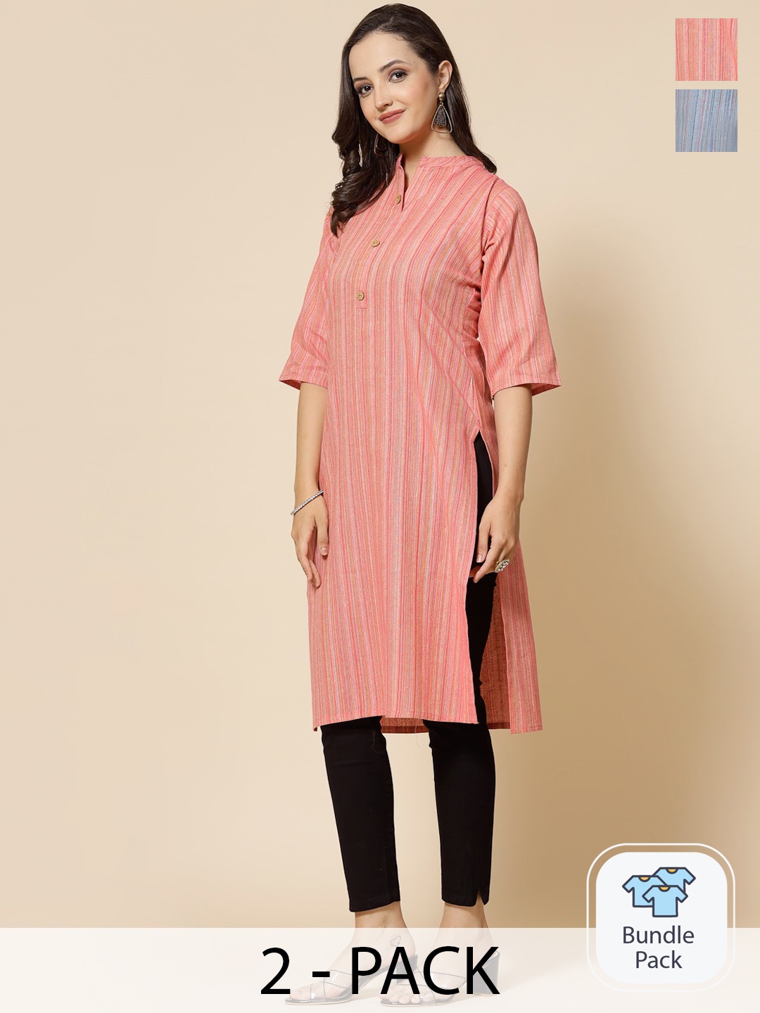 

KALINI Selection Of 2 Striped Straight Kurta, Peach