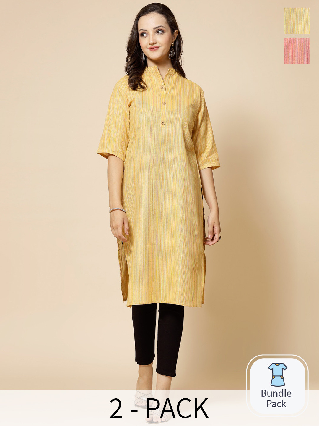 

KALINI Striped Band Collar Roll-Up Sleeves Straight Kurta, Yellow
