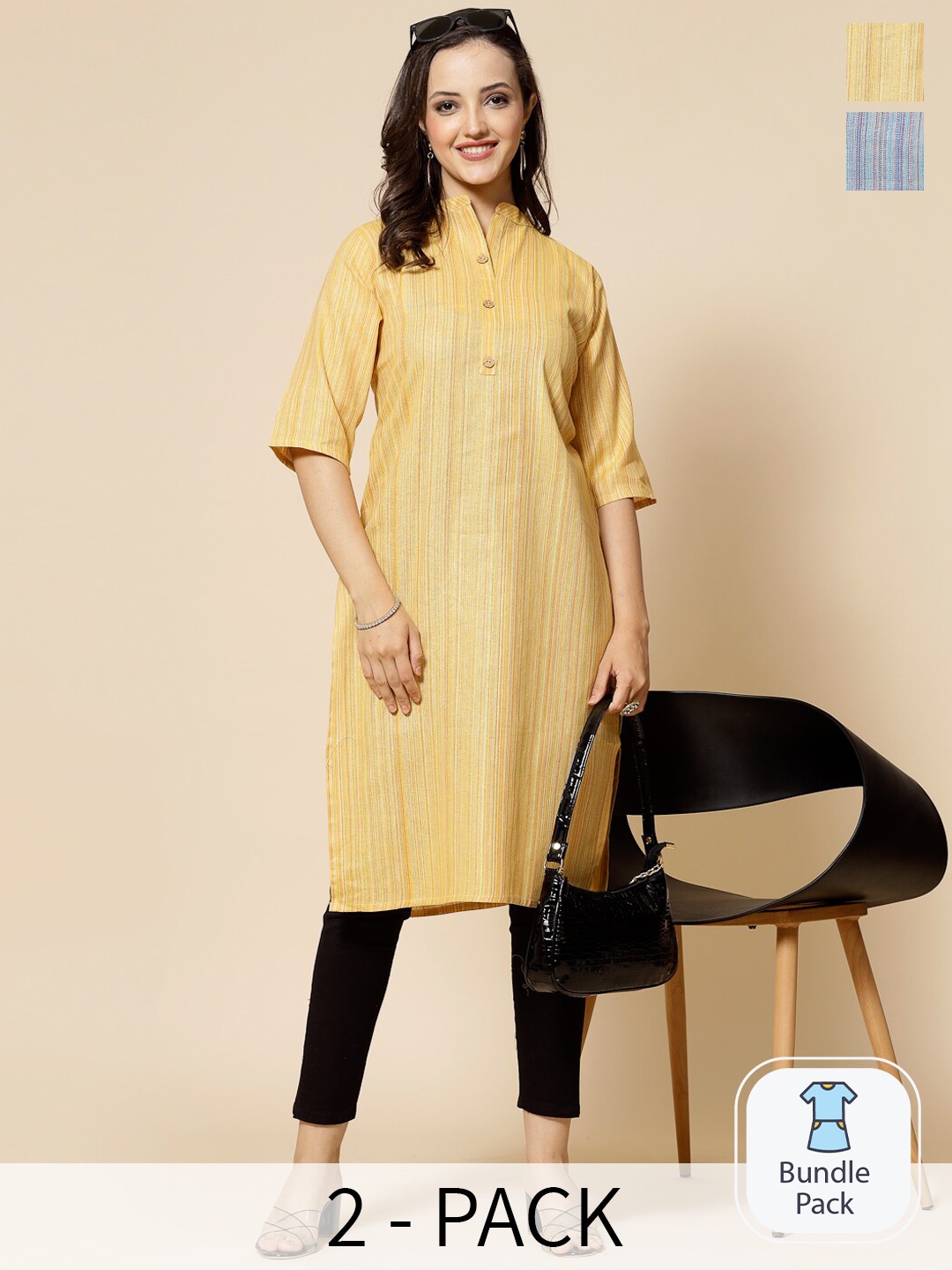 

KALINI Selection Of 2 Striped Mandarin Collar Straight Kurta, Yellow