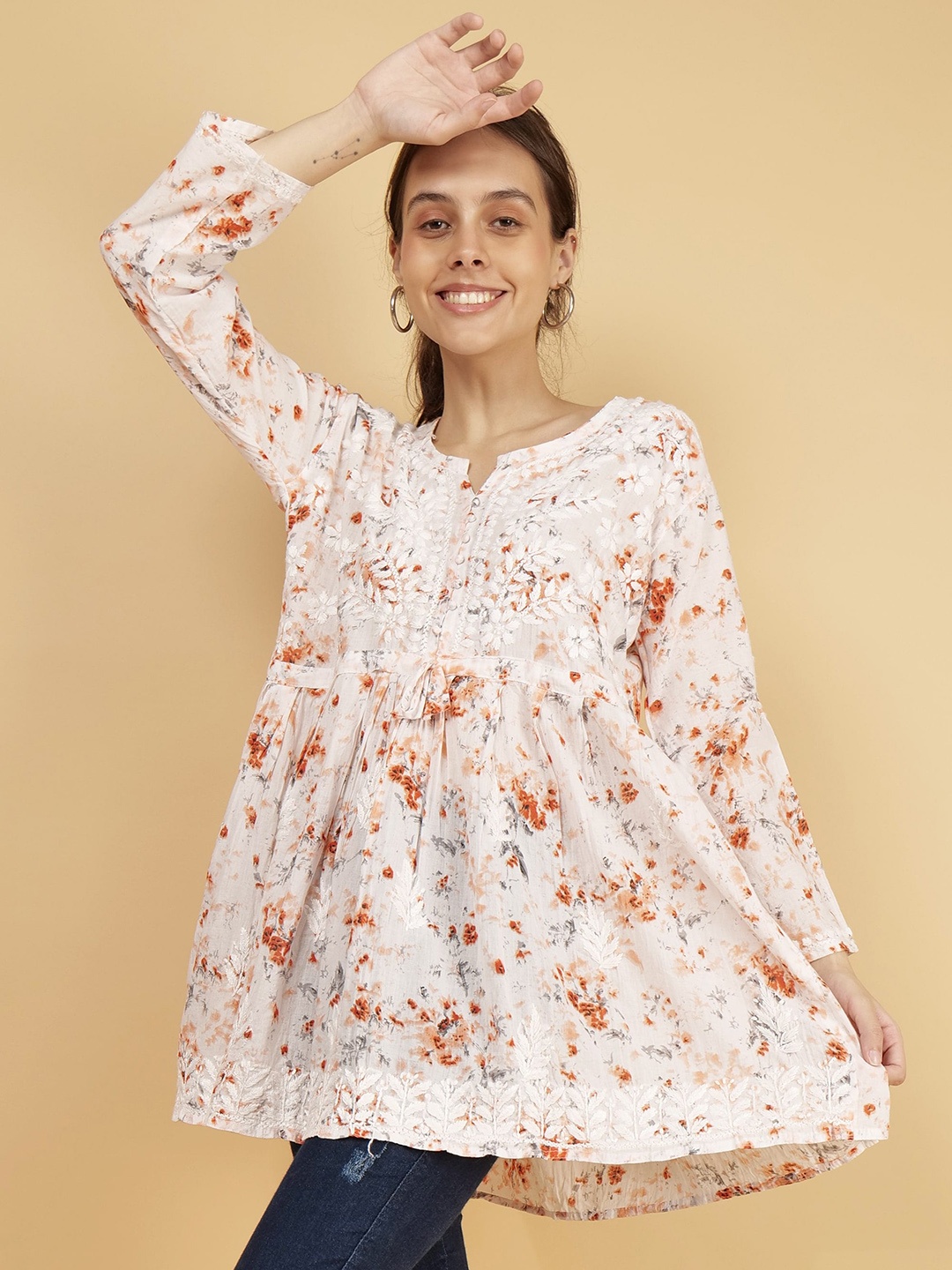 

Syrish Floral Printed With Thread Work A-Line Cotton Kurti, Orange