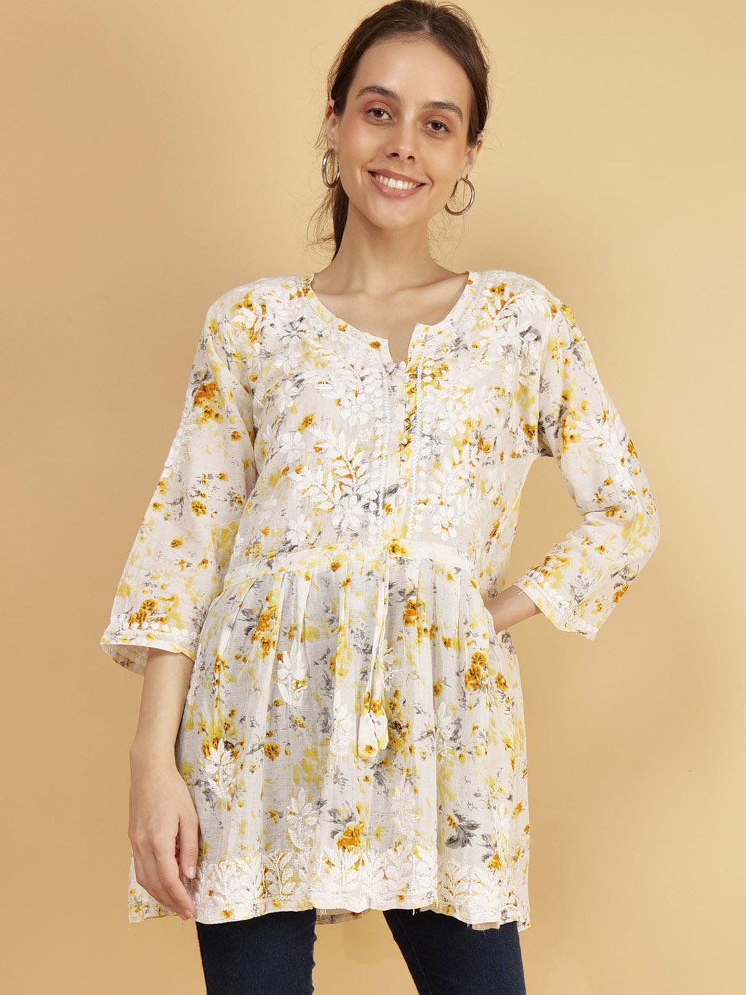 

Syrish Floral Printed With Thread Work A-Line Pure Cotton Kurti, White