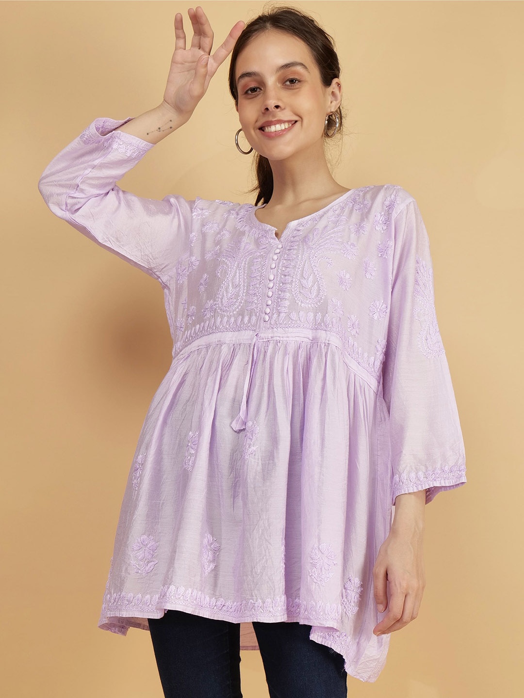 

Syrish Ethnic Motifs Embroidered A-Line Cotton Kurti, Purple