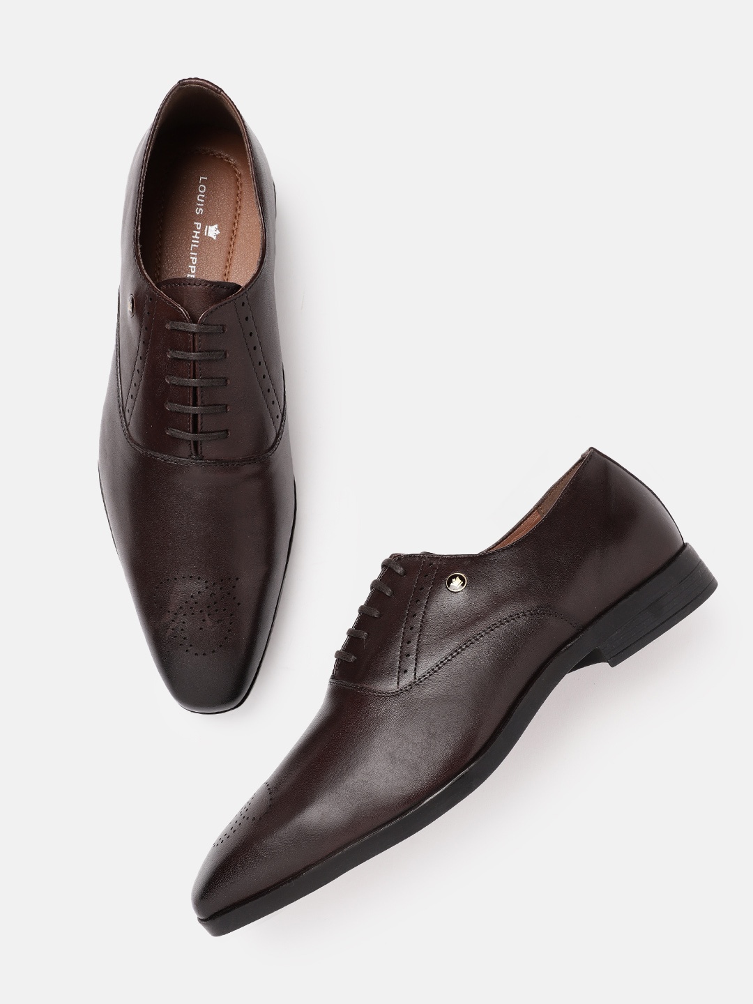 Louis Philippe Men Leather Perforated Formal Oxfords, Coffee brown