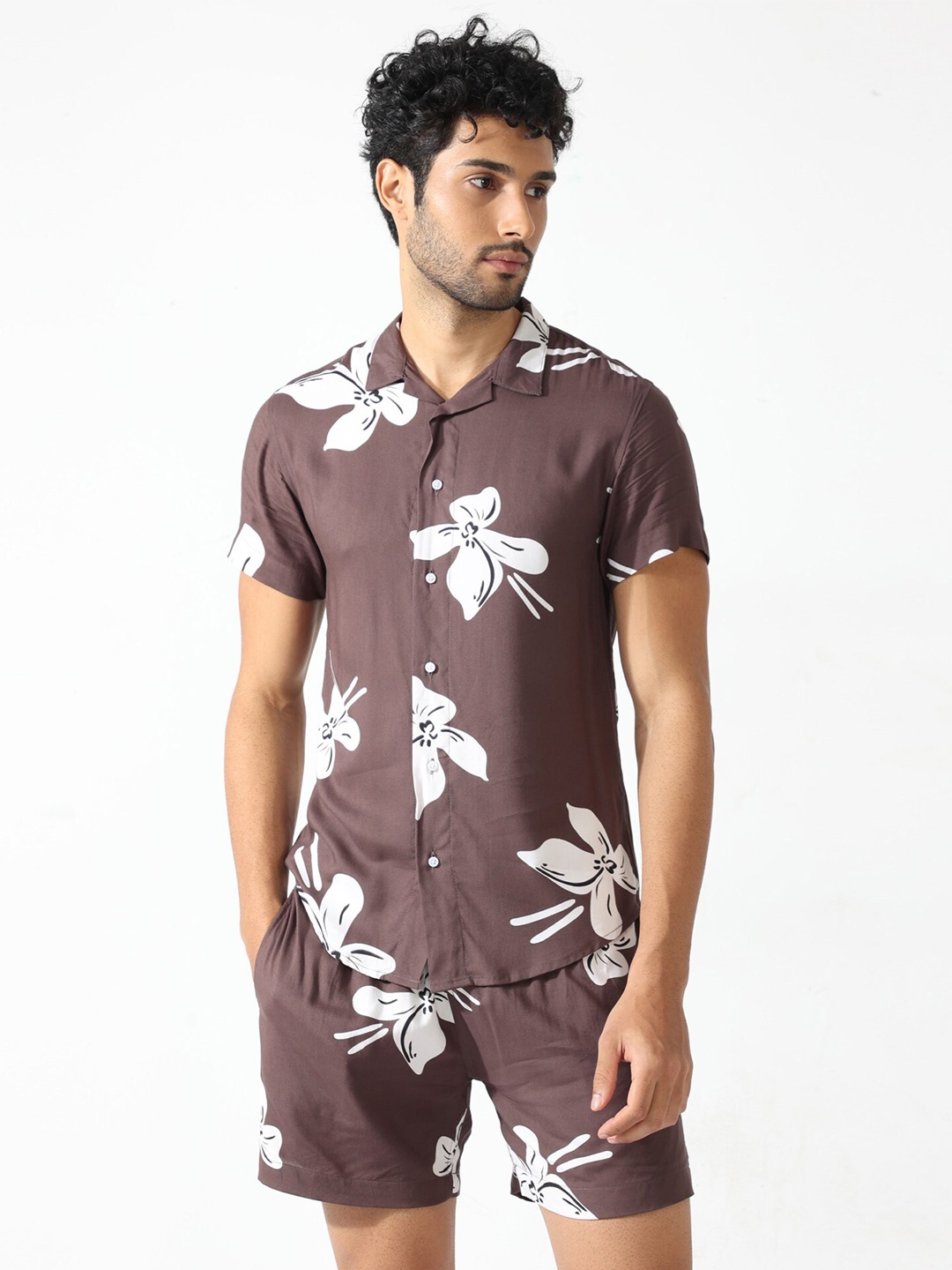 

BADMAASH Floral Printed Shirt with Shorts, Brown