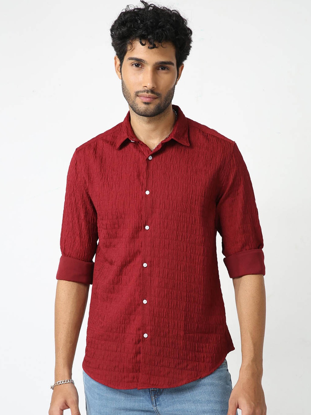 

BADMAASH Self Design Spread Collar Slim Fit Casual Shirt, Maroon