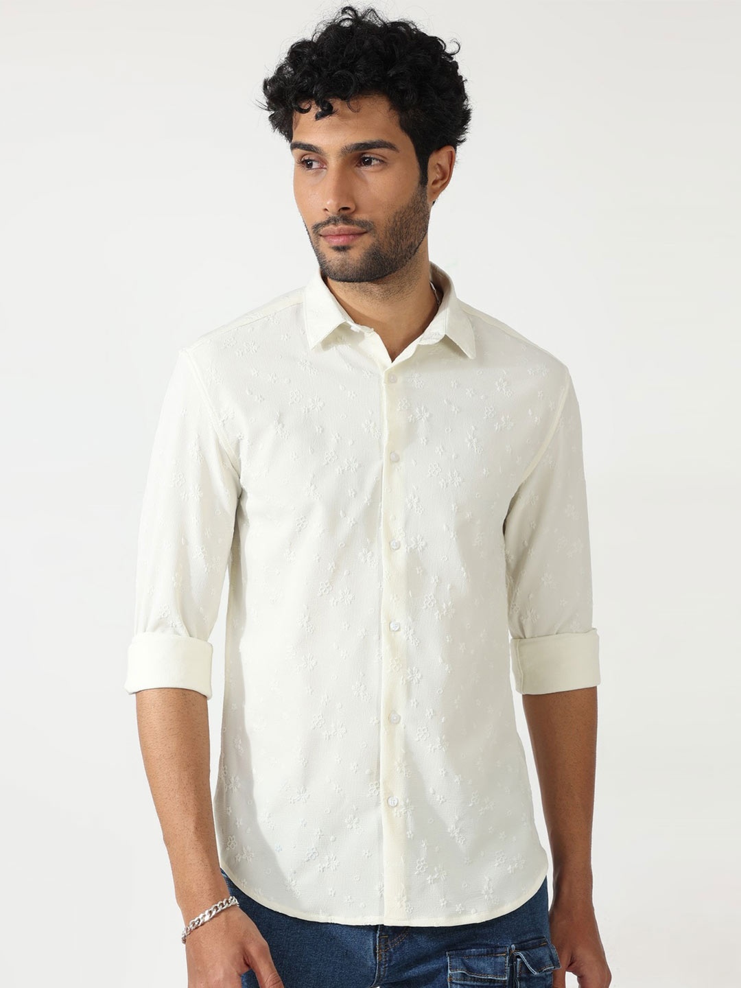 

BADMAASH Self Design Spread Collar Slim Fit Cotton Casual Shirt, White