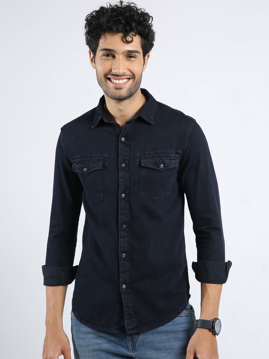 

BADMAASH Spread Collar Slim Fit Cotton Denim Casual Shirt, Black