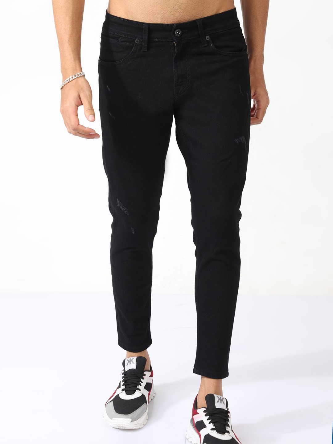 

BADMAASH Men Mid-Raise Skinny Fit Mildly Distressed Jeans Non-Stretchable Jeans, Black