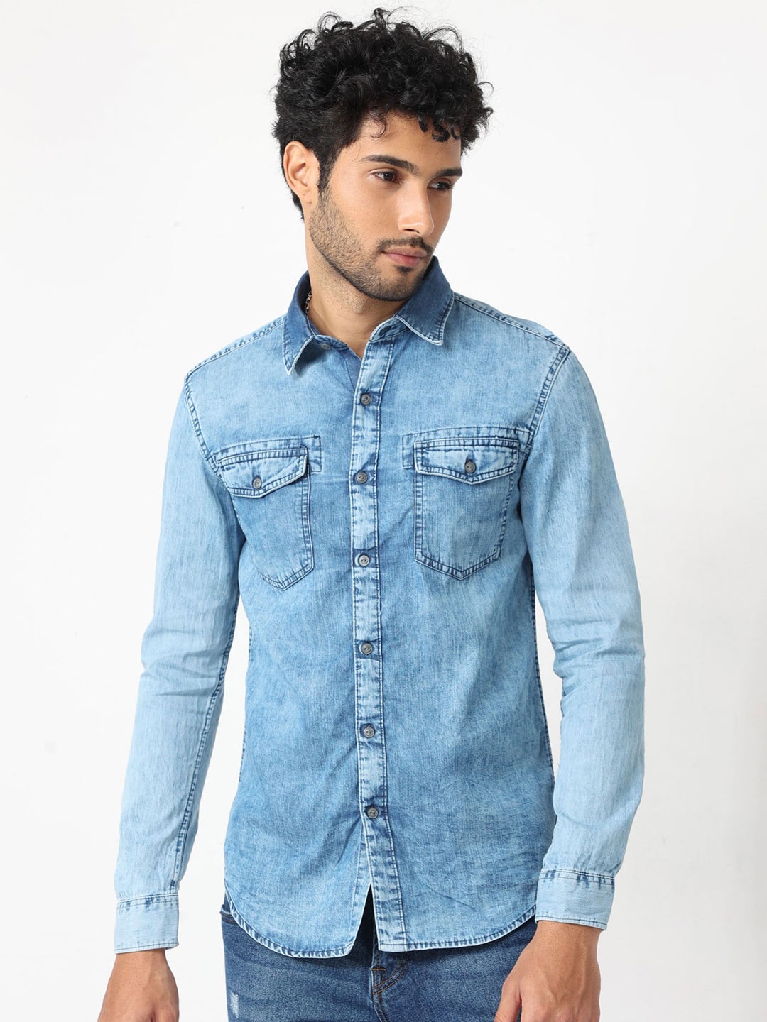 

BADMAASH Slim Fit Faded Cotton Denim Casual Shirt, Blue
