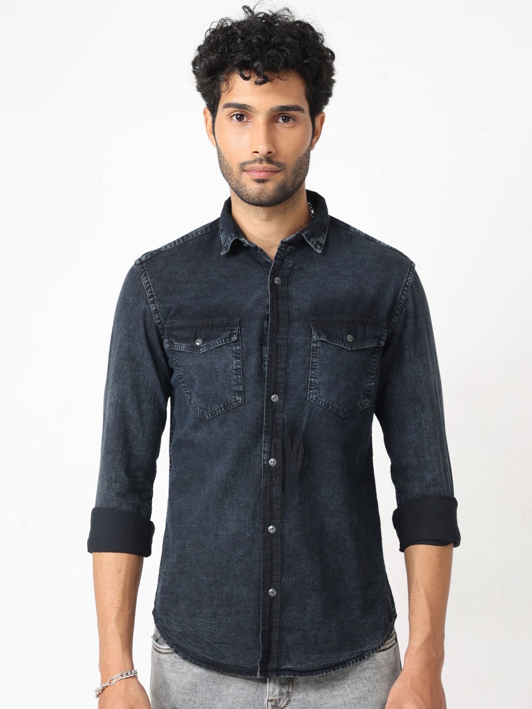 

BADMAASH Spread Collar Slim Fit Cotton Denim Casual Shirt, Grey