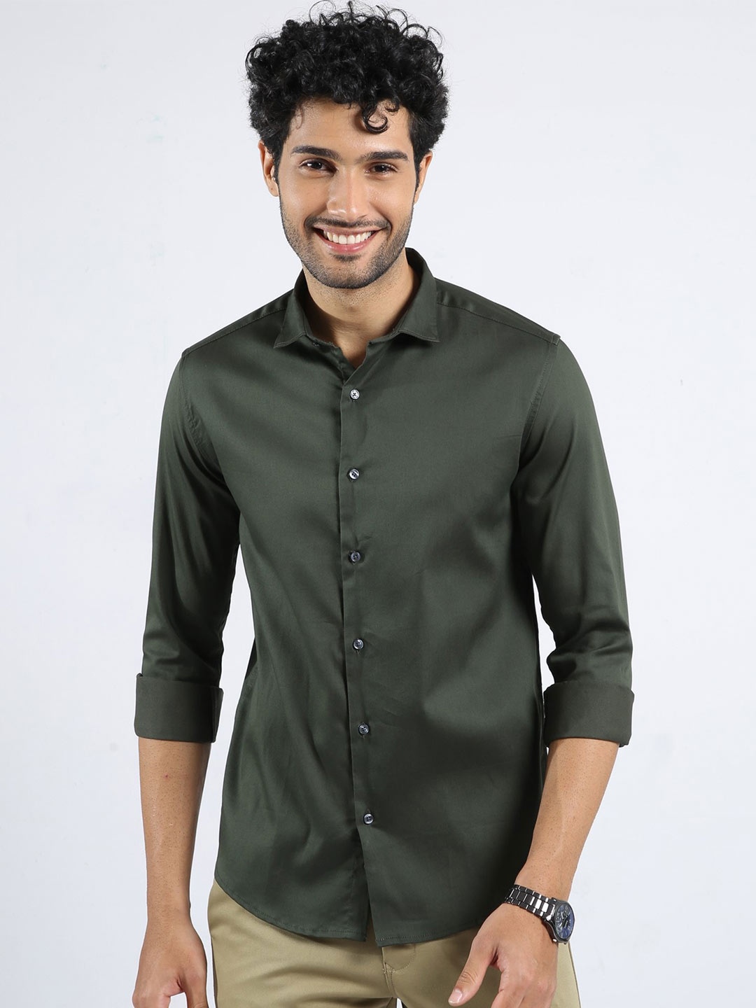 

BADMAASH Spread Collar Slim Fit Cotton Casual Shirt, Green