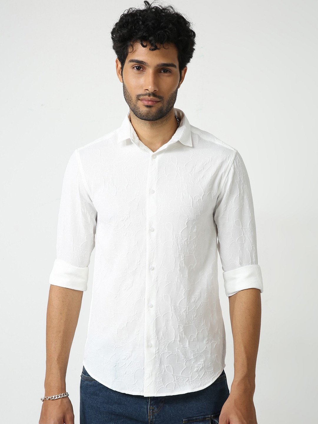 

BADMAASH Textured Self Design Spread Collar Slim Fit Casual Shirt, White