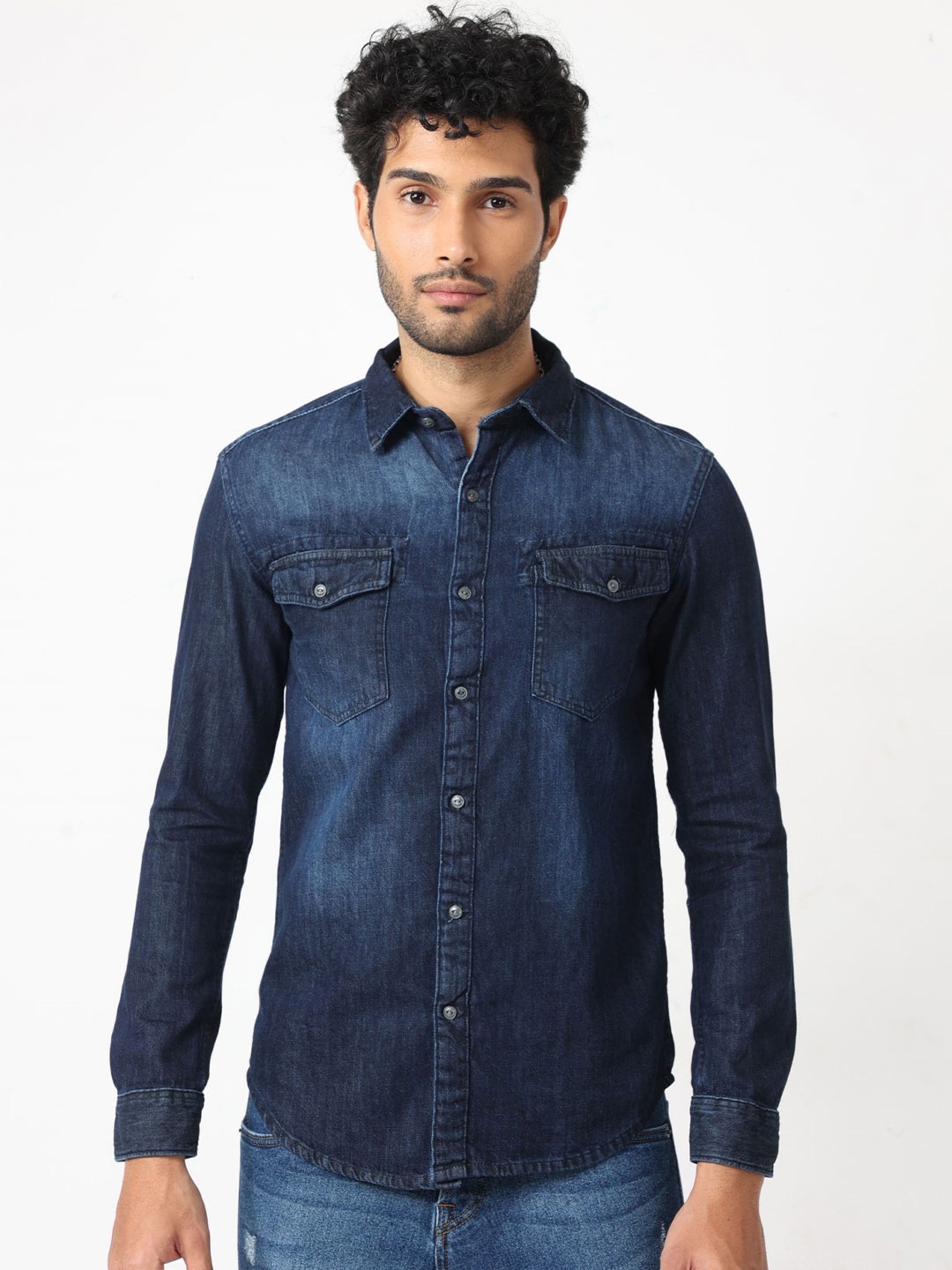 

BADMAASH Slim Fit Faded Cotton Denim Casual Shirt, Blue