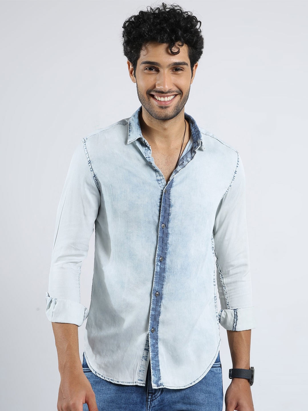 

BADMAASH Slim Fit Faded Cotton Denim Casual Shirt, Blue