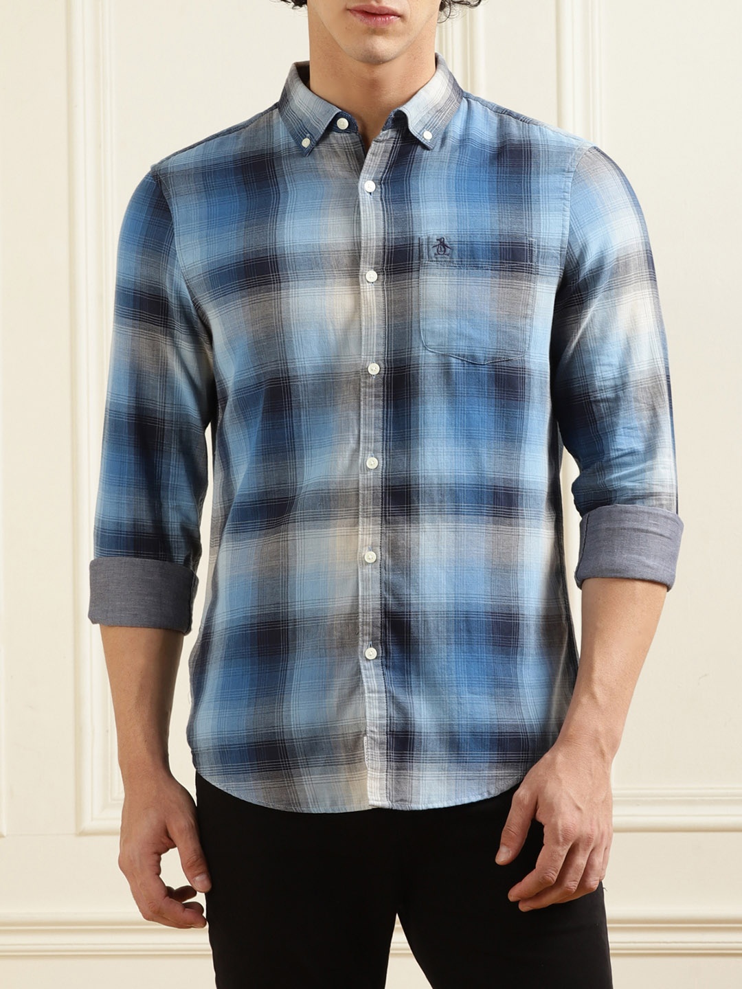 

Original Penguin Men Blue Tartan Checks Opaque Checked Casual Shirt