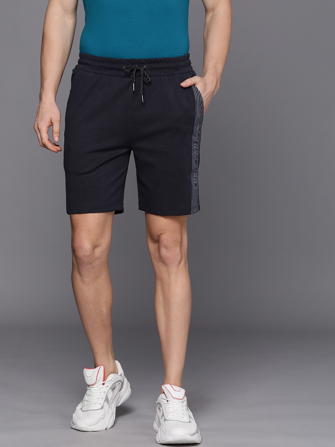 

Louis Philippe ATHPLAY Men Slim Fit Mid-Rise Regular Shorts With Side Taping, Navy blue