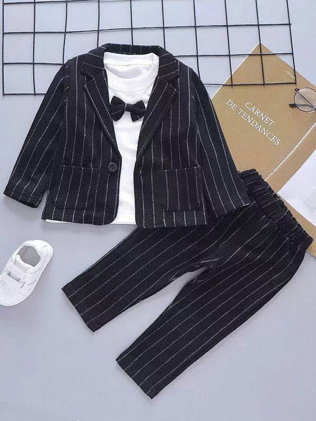 

Bold N Elegant Boys Striped Single Breasted Three Piece Party Suit, Black