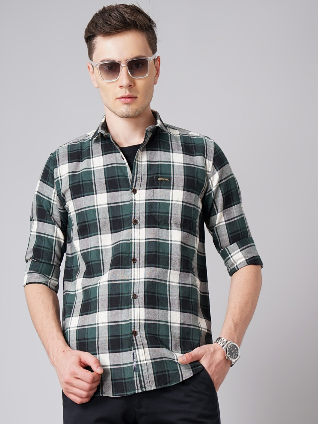 

PAUL STREET Standard Slim Fit Tartan Checked Oxford Weave Cotton Casual Shirt, Green