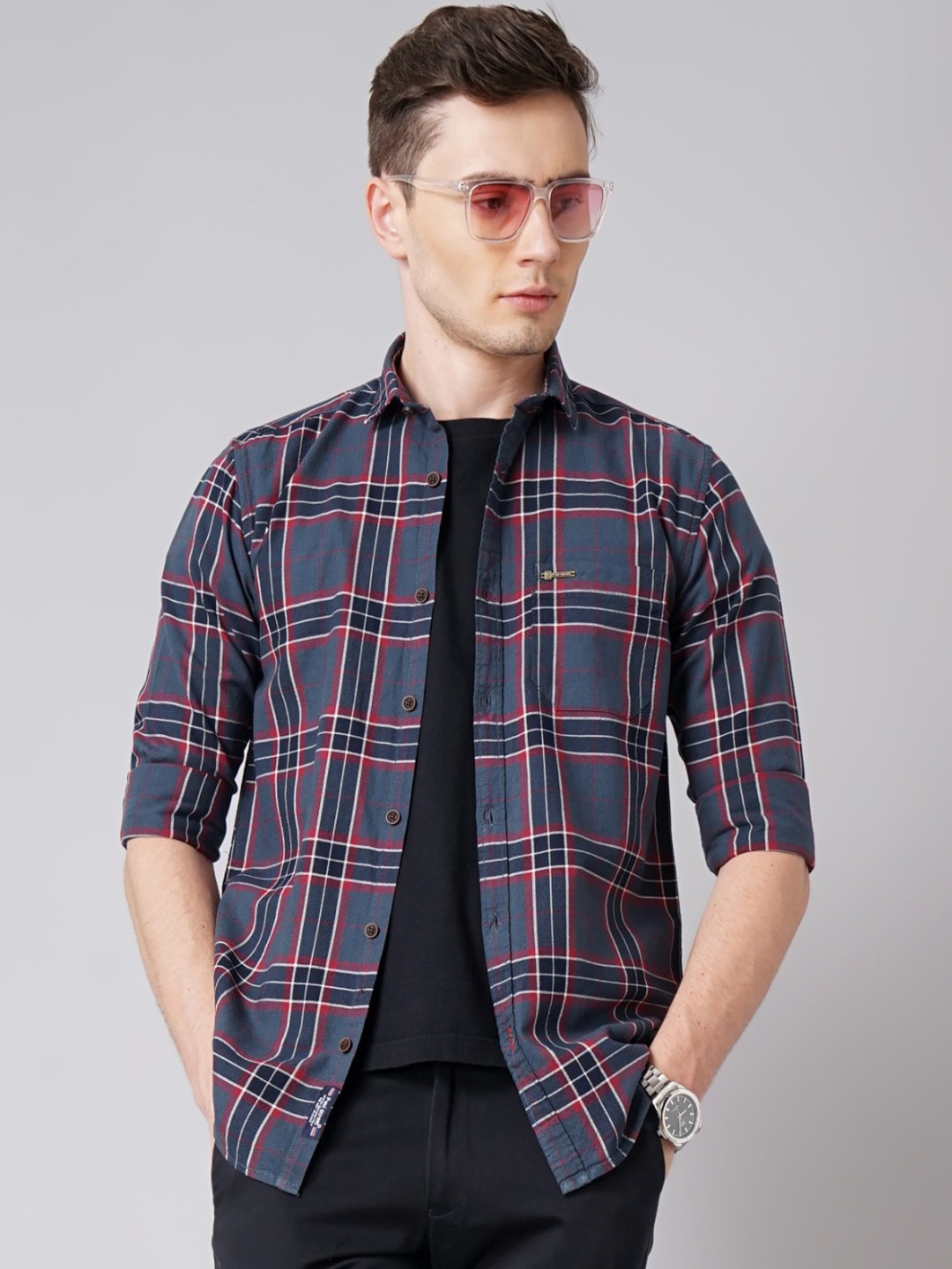 

PAUL STREET Standard Slim Fit Tartan Checked Oxford Weave Cotton Casual Shirt, Blue