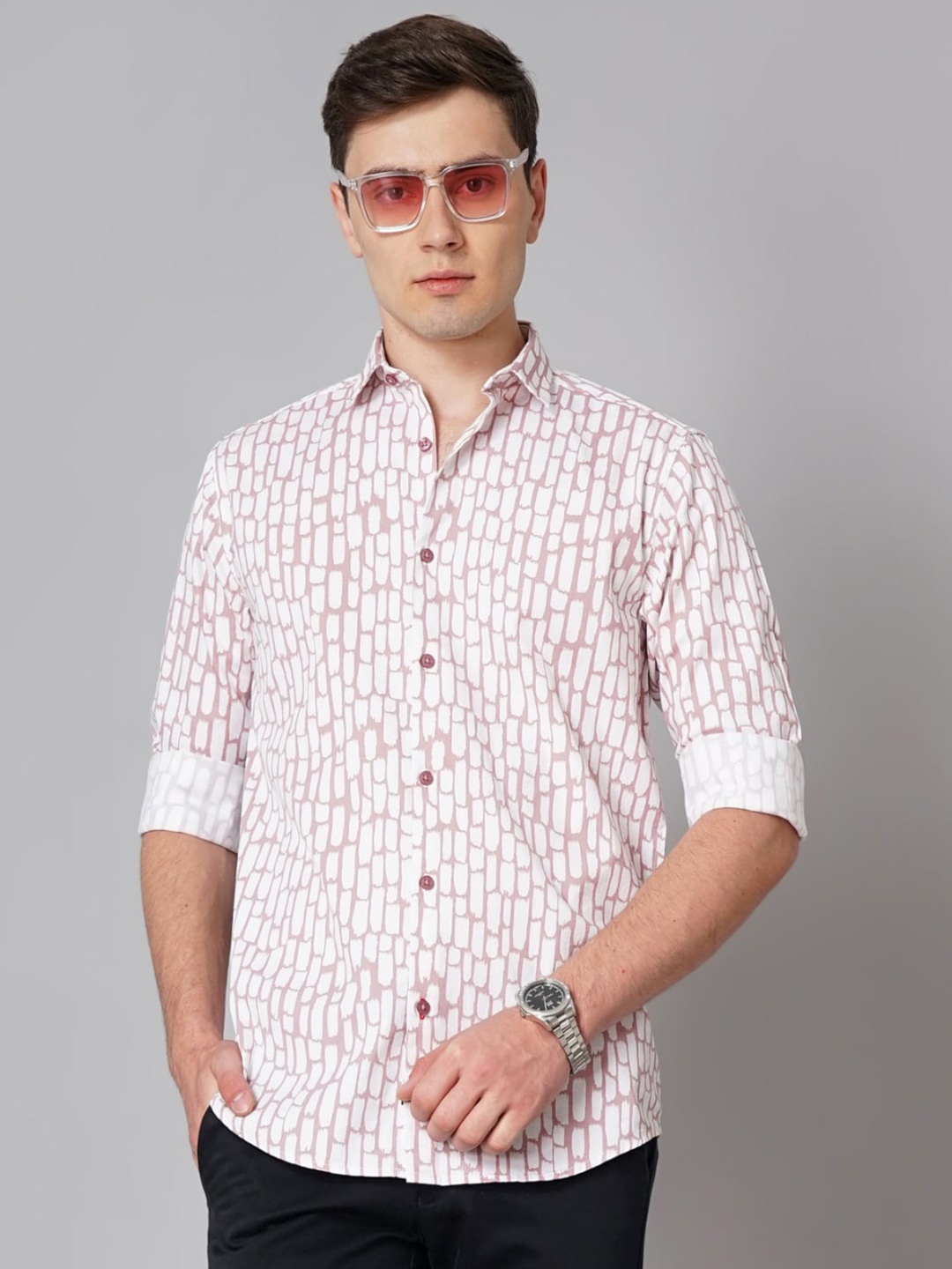 

PAUL STREET Standard Slim Fit Abstract Printed Casual Shirt, Pink